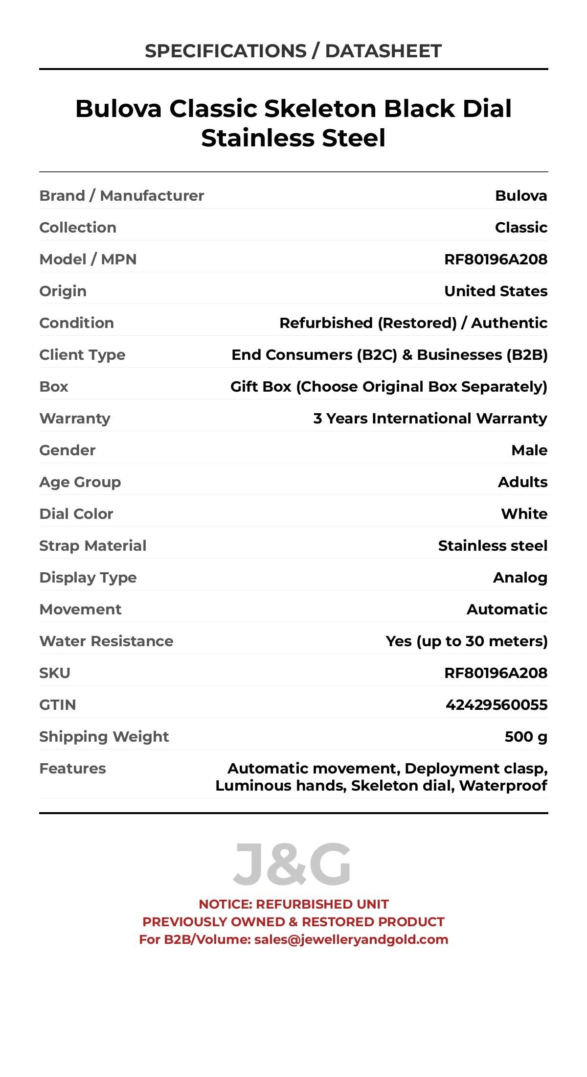 Bulova Classic Skeleton Black Dial Stainless Steel. A professionally refurbished Bulova Classic watch featuring a White dial and a Stainless steel strap. Front view. - MAIN_PH