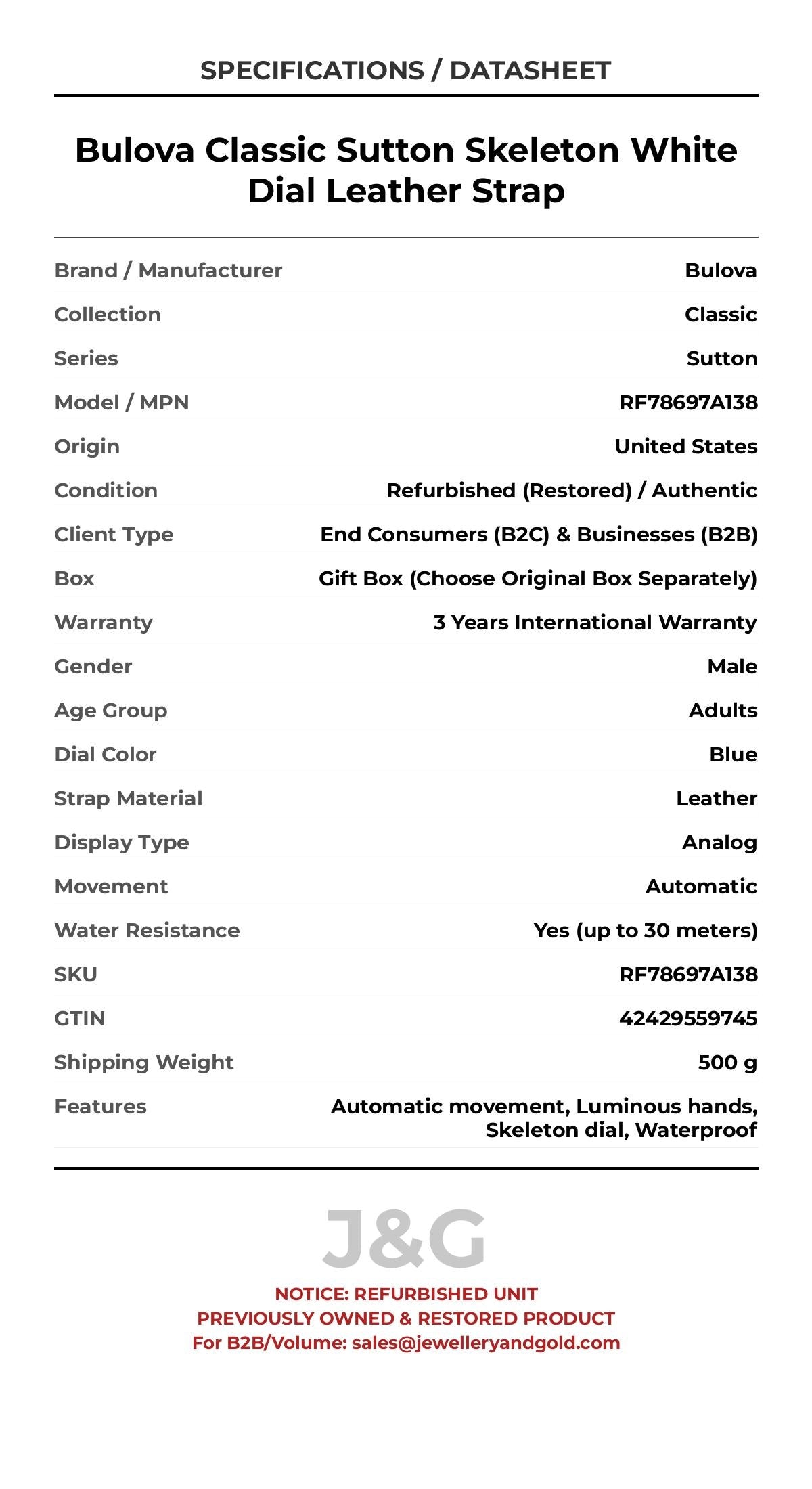 Bulova Classic Sutton Skeleton White Dial Leather Strap. A professionally refurbished Bulova Classic watch featuring a Blue dial and a Leather strap. Angled view. - MAIN_PH