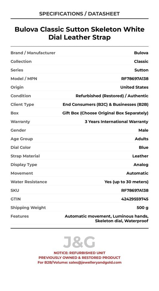 Bulova Classic Sutton Skeleton White Dial Leather Strap. A professionally refurbished Bulova Classic watch featuring a Blue dial and a Leather strap. Angled view. - MAIN_PH