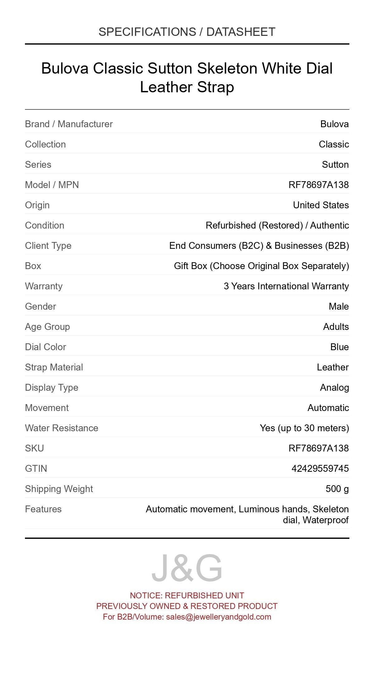 Bulova Classic Sutton Skeleton White Dial Leather Strap. A professionally refurbished Bulova Classic watch featuring a Blue dial and a Leather strap. Front view. - MAIN_PH