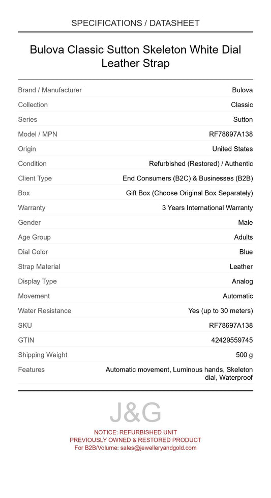 Bulova Classic Sutton Skeleton White Dial Leather Strap. A professionally refurbished Bulova Classic watch featuring a Blue dial and a Leather strap. Front view. - MAIN_PH