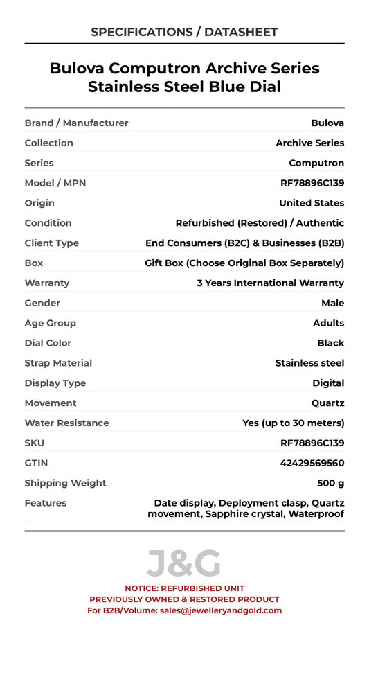 Bulova Computron Archive Series Stainless Steel Blue Dial. A professionally refurbished Bulova Archive Series watch featuring a Black dial and a Stainless steel strap. Front view. - MAIN_PH