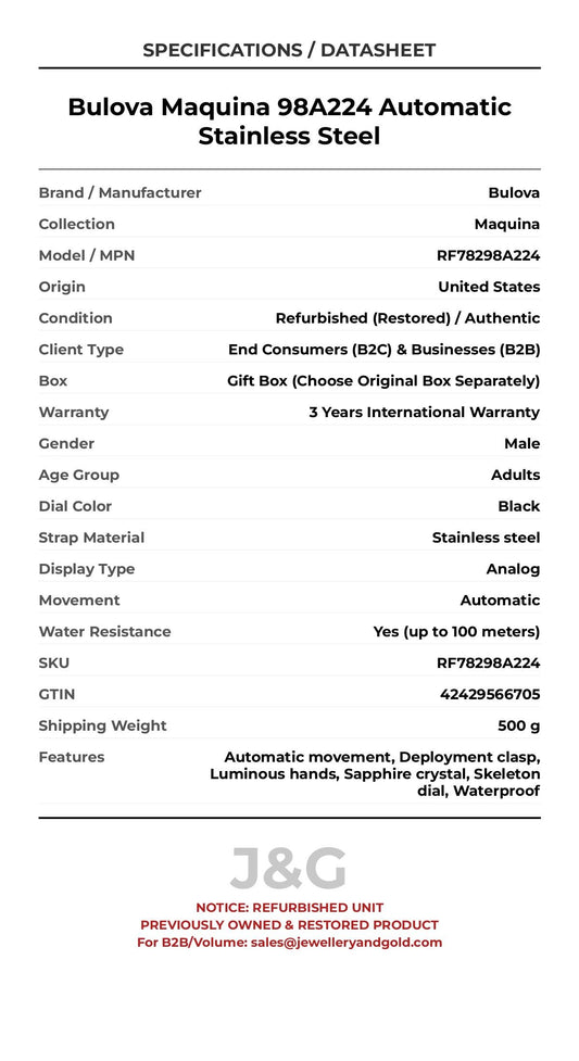 Bulova Maquina 98A224 Automatic Stainless Steel. A professionally refurbished Bulova Maquina watch featuring a Black dial and a Stainless steel strap. Side view. - MAIN_PH