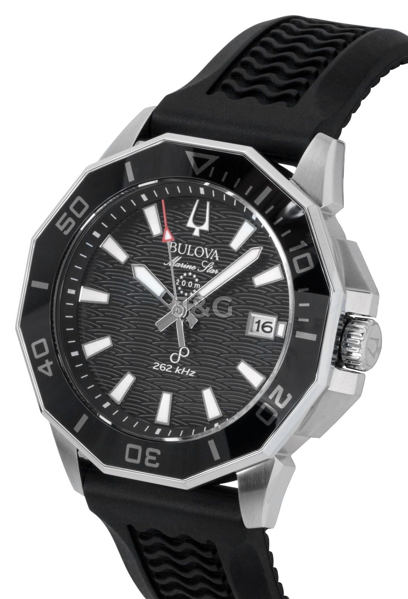 Bulova Marine Star Automatic movement Black Silicone Male 96B432. A brand-new Bulova Marine Star watch featuring a Black dial and a Silicone strap. Front view. - view 3