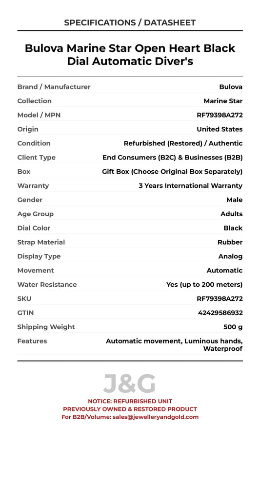 Bulova Marine Star Open Heart Black Dial Automatic Diver's. A professionally refurbished Bulova Marine Star watch featuring a Black dial and a Rubber strap. Angled view. - MAIN_PH