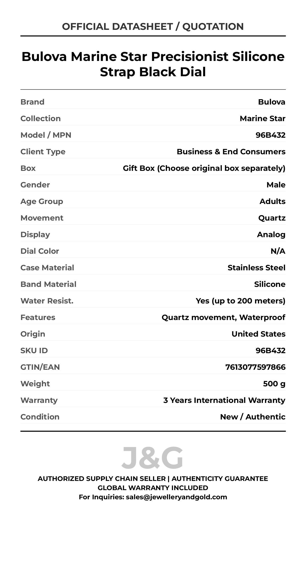 Bulova Marine Star Precisionist Silicone Strap Black Dial. A brand-new Bulova Marine Star watch featuring a N/A dial and a Silicone strap. Front view. - DS_FINAL