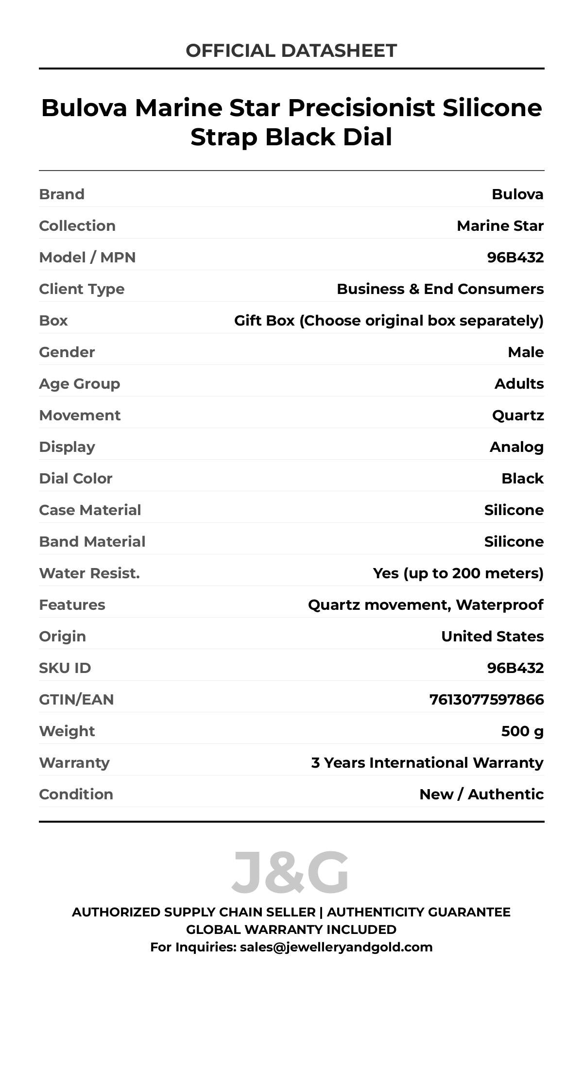 Bulova Marine Star Precisionist Silicone Strap Black Dial. A brand-new Bulova Marine Star watch featuring a Black dial and a Silicone strap. Angled view. - DS_FINAL