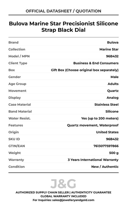 Bulova Marine Star Precisionist Silicone Strap Black Dial. A brand-new Bulova Marine Star watch featuring a Silicone strap. Angled view. - DS_FINAL