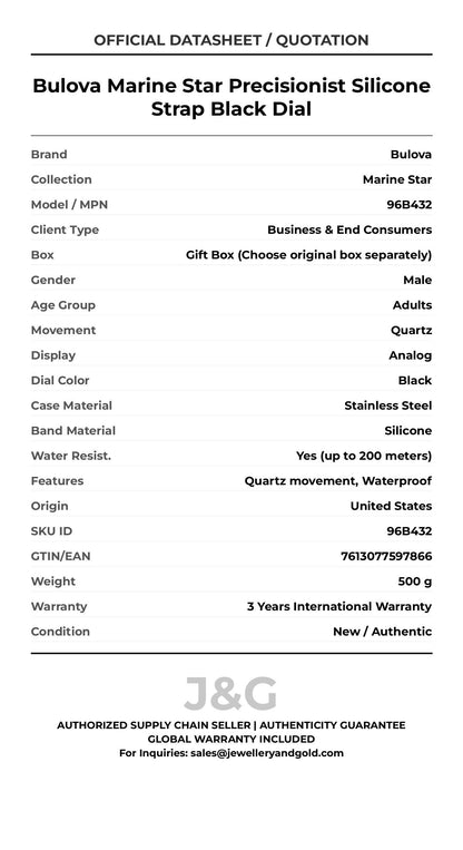 Bulova Marine Star Precisionist Silicone Strap Black Dial. A brand-new Bulova Marine Star watch featuring a Black dial and a Silicone strap. Front view. - DS_FINAL