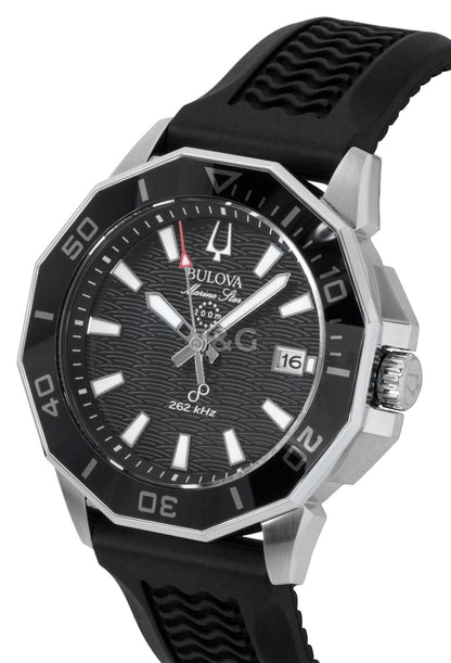 Bulova Marine Star Precisionist Silicone Strap Black Dial. A brand-new Bulova Marine Star watch featuring a Black dial and a Silicone strap. Angled view. - SEQ_3