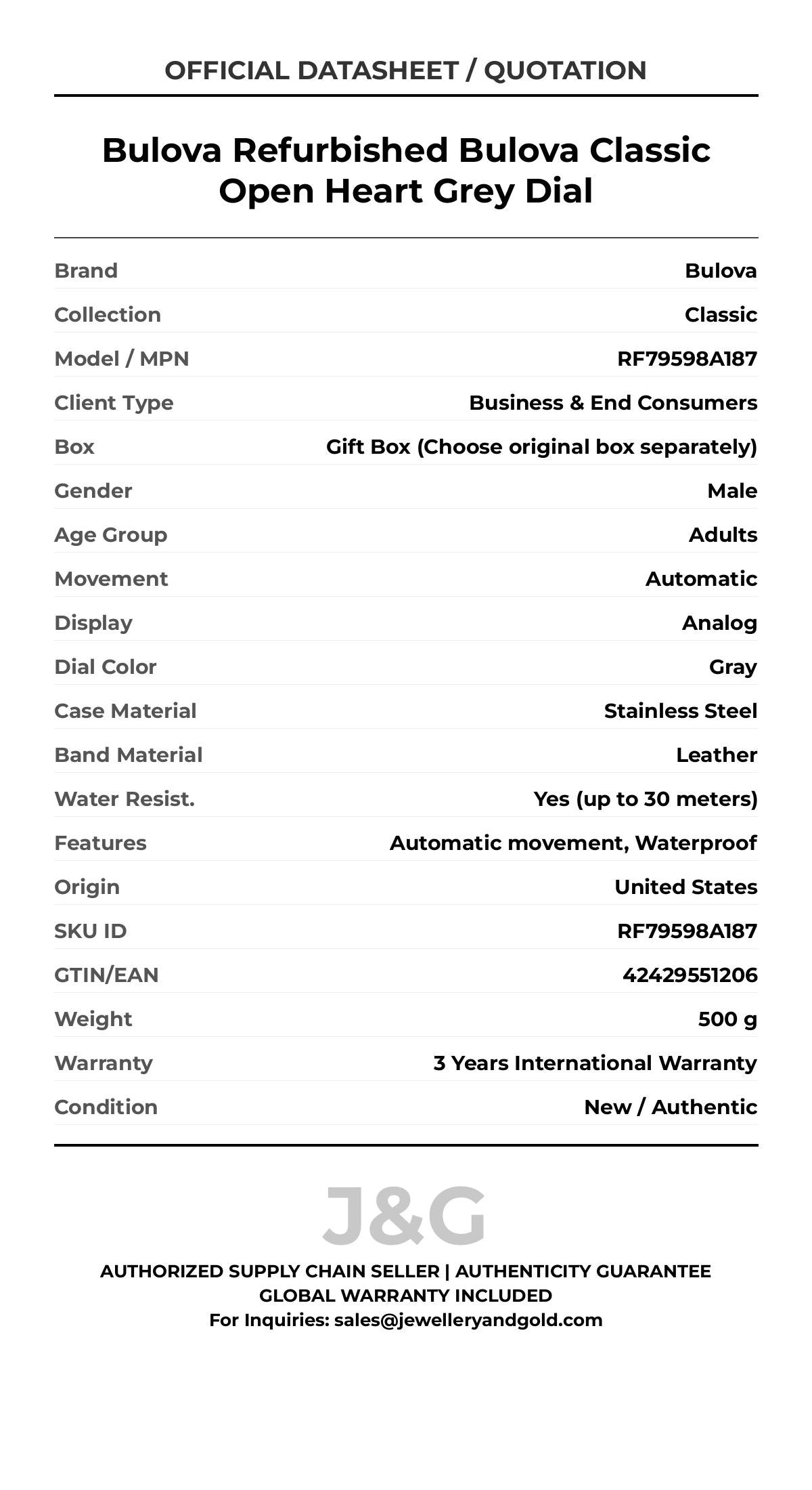 Bulova Refurbished Bulova Classic Open Heart Grey Dial. A brand-new Bulova Classic watch featuring a Gray dial and a Leather strap. Side view. - MAIN_PH
