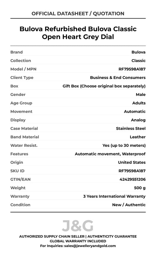 Bulova Refurbished Bulova Classic Open Heart Grey Dial. A brand-new Bulova Classic watch featuring a Leather strap. Angled view. - MAIN_PH