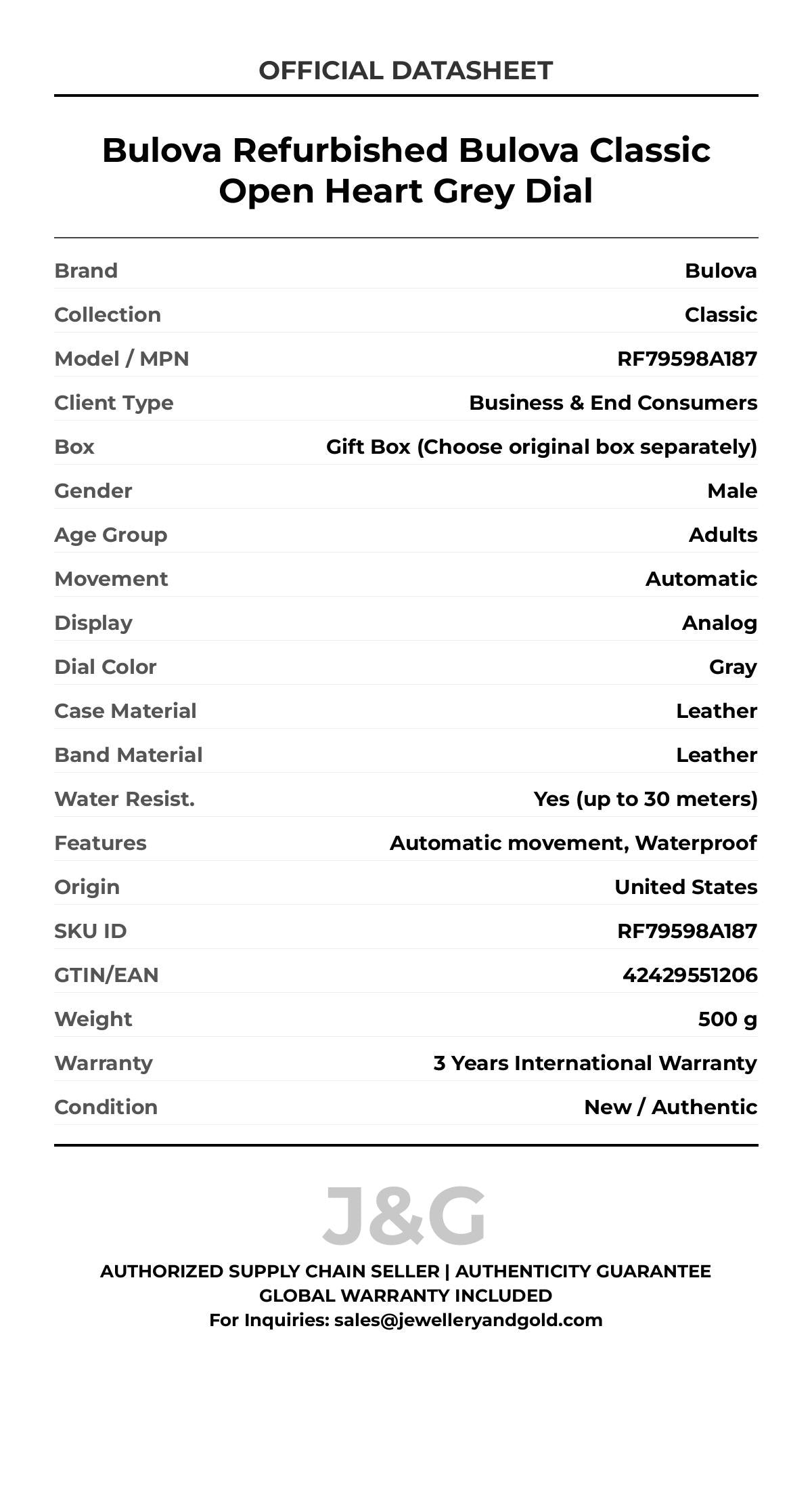 Bulova Refurbished Bulova Classic Open Heart Grey Dial. A brand-new Bulova Classic watch featuring a Gray dial and a Leather strap. Angled view. - MAIN_PH