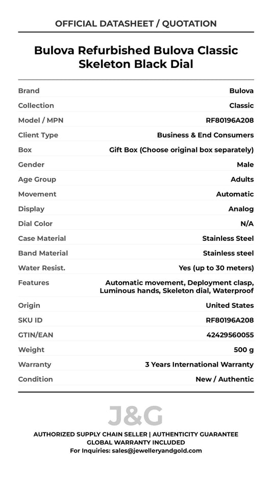 Bulova Refurbished Bulova Classic Skeleton Black Dial. A brand-new Bulova Classic watch featuring a N/A dial and a Stainless steel strap. Front view. - MAIN_PH