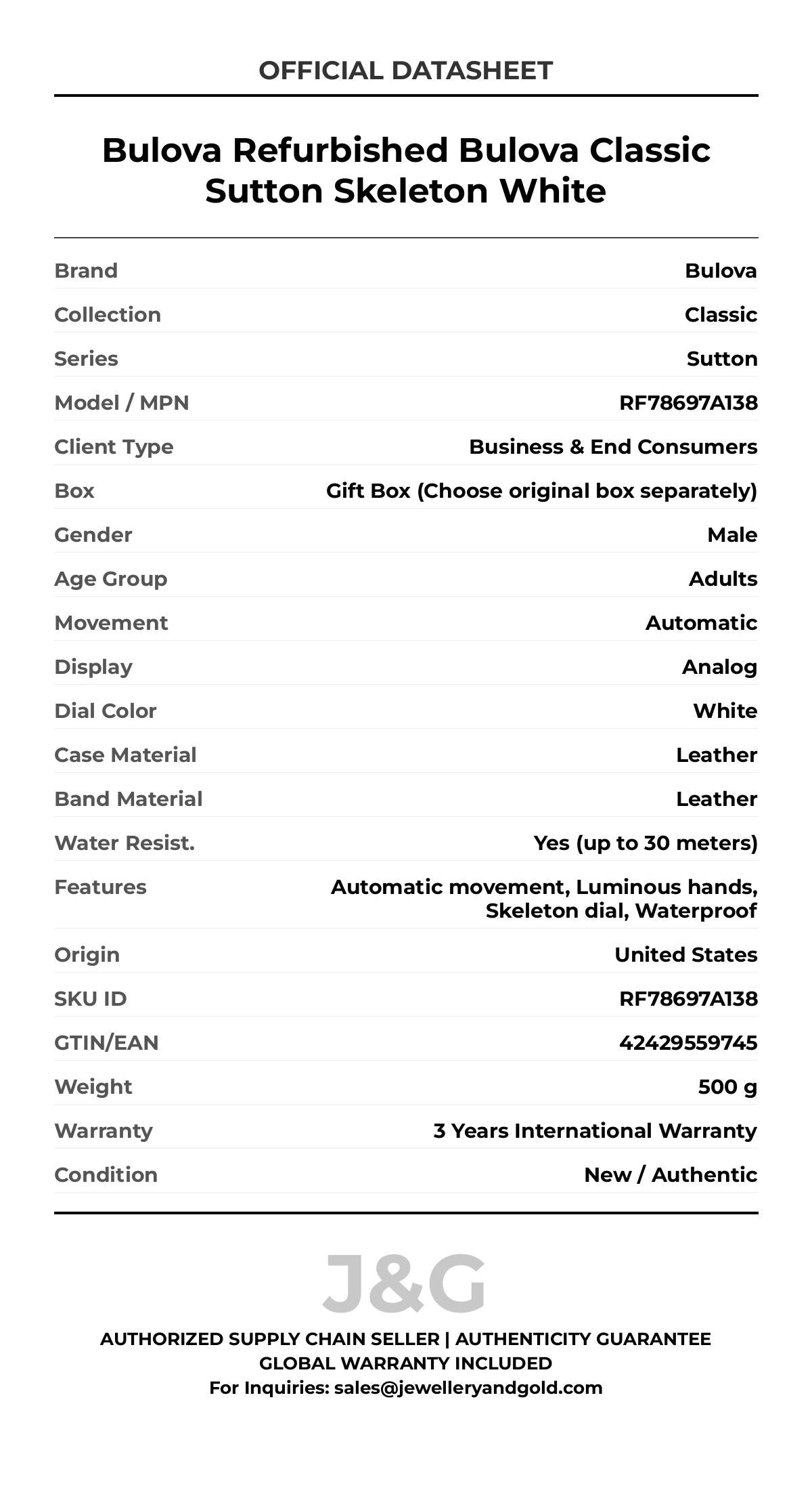 Bulova Refurbished Bulova Classic Sutton Skeleton White. A brand-new Bulova Classic watch featuring a White dial and a Leather strap. Side view. - MAIN_PH
