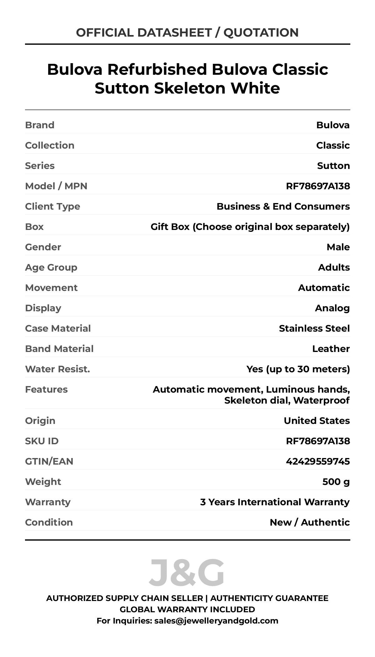 Bulova Refurbished Bulova Classic Sutton Skeleton White. A brand-new Bulova Classic watch featuring a Leather strap. Front view. - MAIN_PH