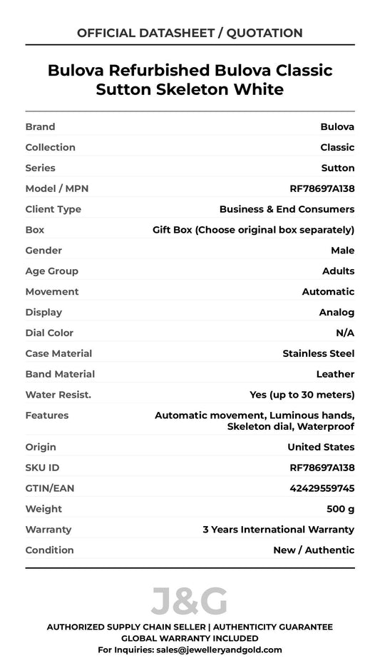 Bulova Refurbished Bulova Classic Sutton Skeleton White. A brand-new Bulova Classic watch featuring a N/A dial and a Leather strap. Front view. - MAIN_PH