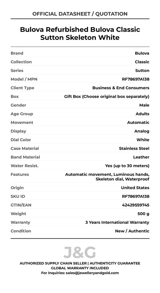 Bulova Refurbished Bulova Classic Sutton Skeleton White. A brand-new Bulova Classic watch featuring a White dial and a Leather strap. Side view. - MAIN_PH