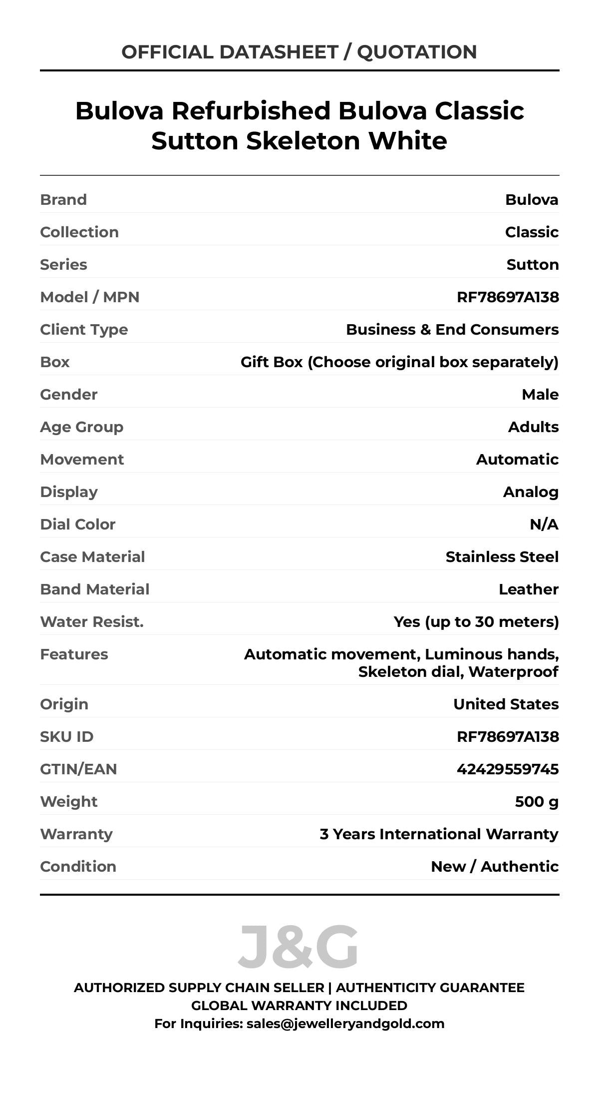 Bulova Refurbished Bulova Classic Sutton Skeleton White. A brand-new Bulova Classic watch featuring a N/A dial and a Leather strap. Front view. - MAIN_PH