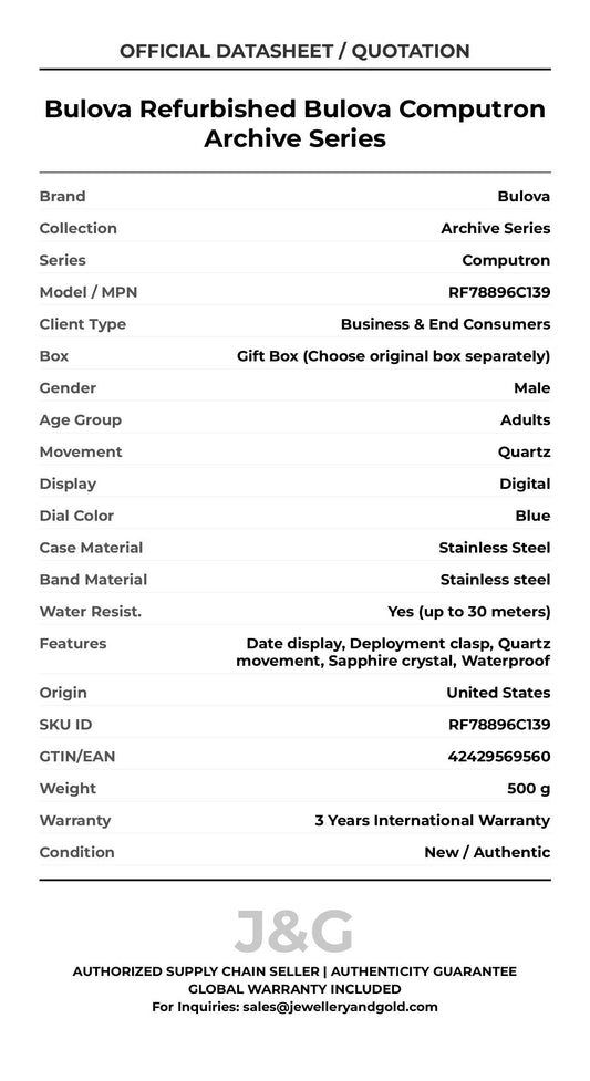 Bulova Refurbished Bulova Computron Archive Series. A brand-new Bulova Archive Series watch featuring a Blue dial and a Stainless steel strap. Side view. - MAIN_PH