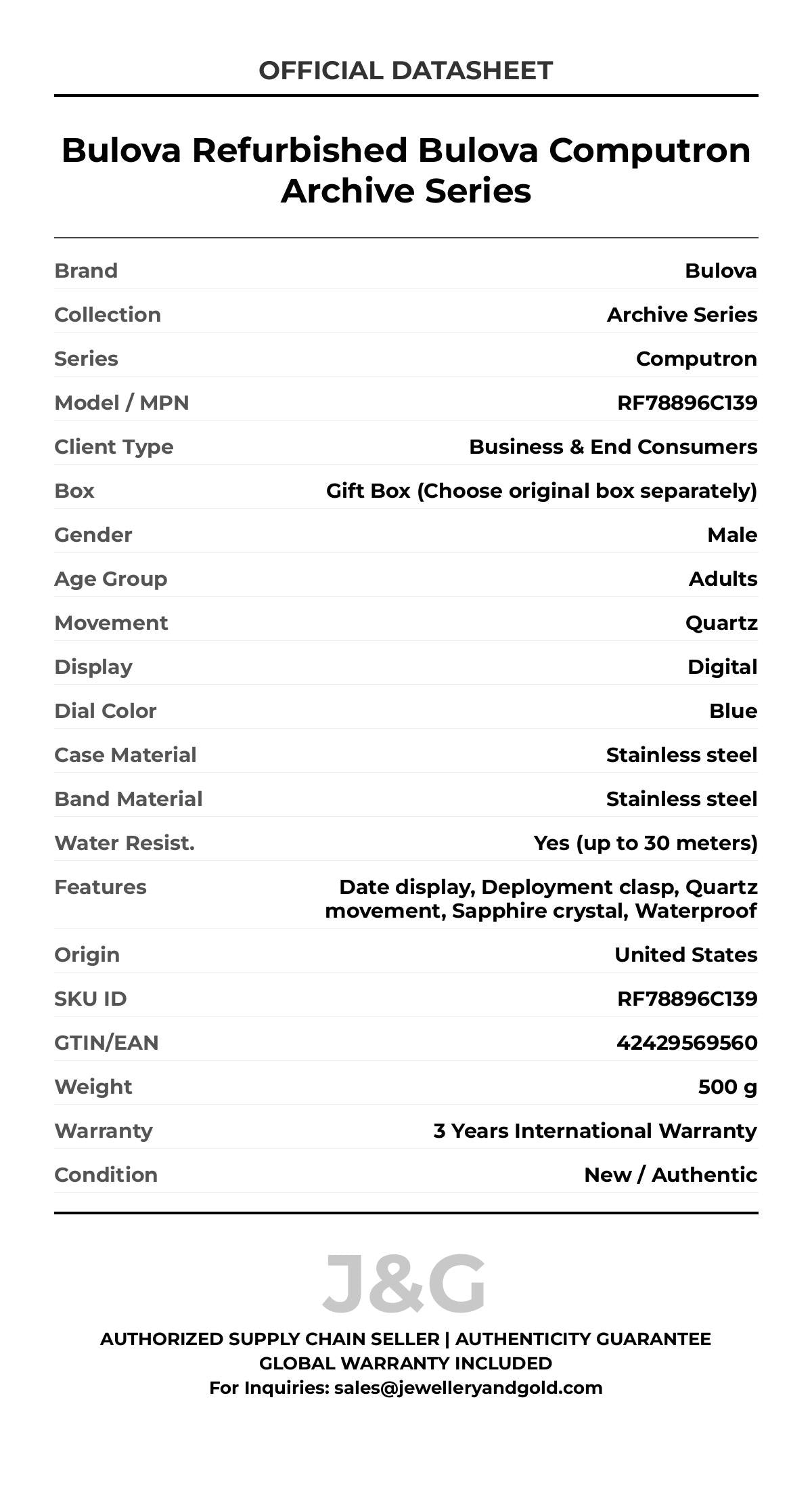 Bulova Refurbished Bulova Computron Archive Series. A brand-new Bulova Archive Series watch featuring a Blue dial and a Stainless steel strap. Side view. - MAIN_PH
