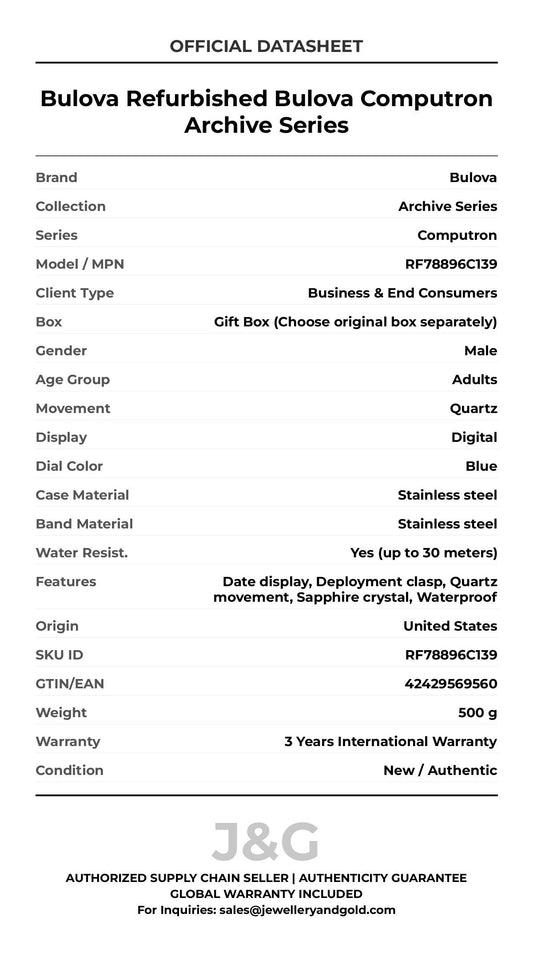 Bulova Refurbished Bulova Computron Archive Series. A brand-new Bulova Archive Series watch featuring a Blue dial and a Stainless steel strap. Side view. - MAIN_PH