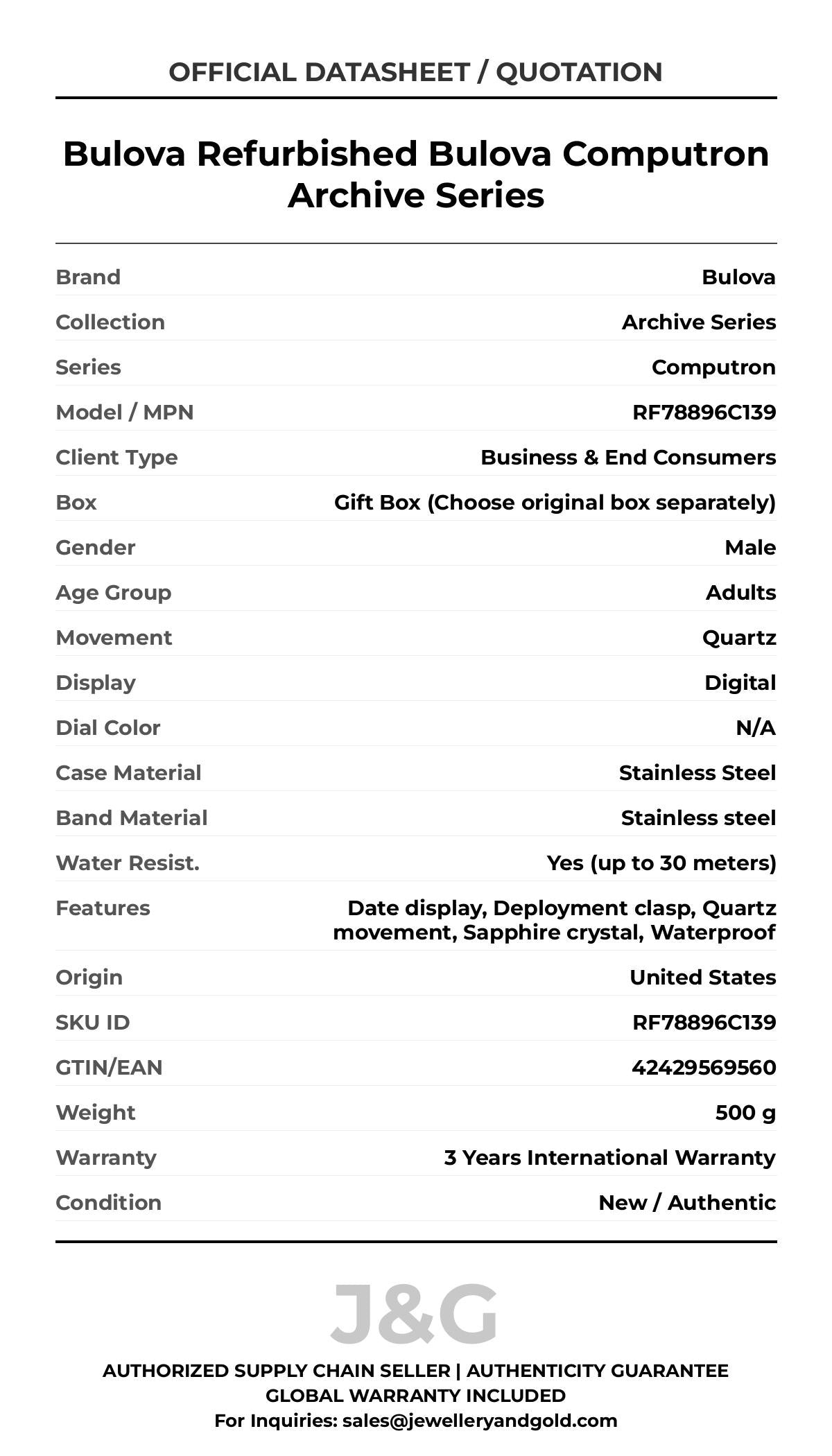 Bulova Refurbished Bulova Computron Archive Series. A brand-new Bulova Archive Series watch featuring a N/A dial and a Stainless steel strap. Angled view. - MAIN_PH