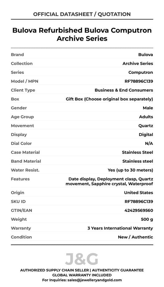 Bulova Refurbished Bulova Computron Archive Series. A brand-new Bulova Archive Series watch featuring a N/A dial and a Stainless steel strap. Angled view. - MAIN_PH