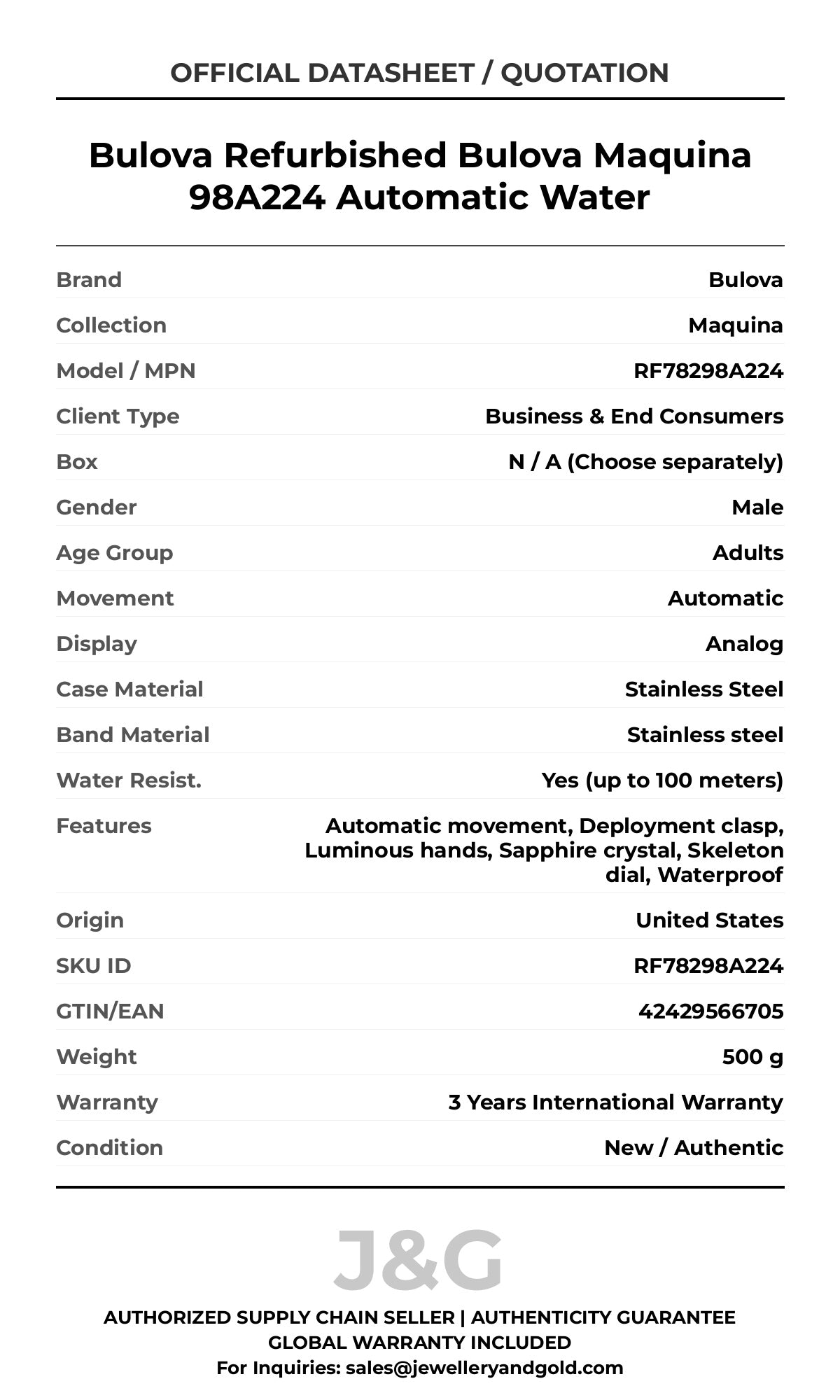 Bulova Refurbished Bulova Maquina 98A224 Automatic Water. A brand-new Bulova Maquina watch featuring a Stainless steel strap. Angled view. - MAIN_PH