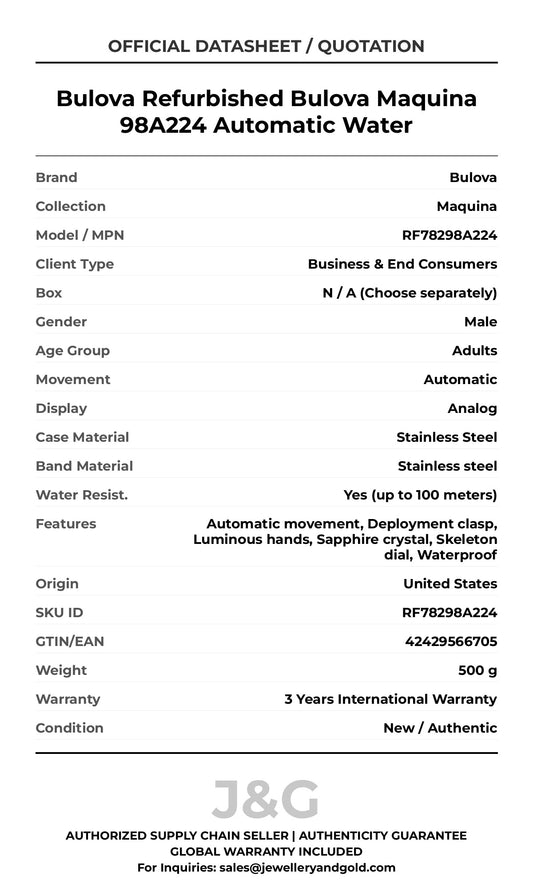 Bulova Refurbished Bulova Maquina 98A224 Automatic Water. A brand-new Bulova Maquina watch featuring a Stainless steel strap. Angled view. - MAIN_PH