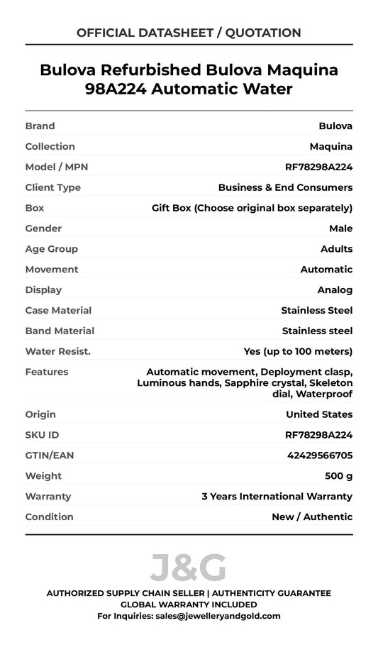Bulova Refurbished Bulova Maquina 98A224 Automatic Water. A brand-new Bulova Maquina watch featuring a Stainless steel strap. Angled view. - MAIN_PH