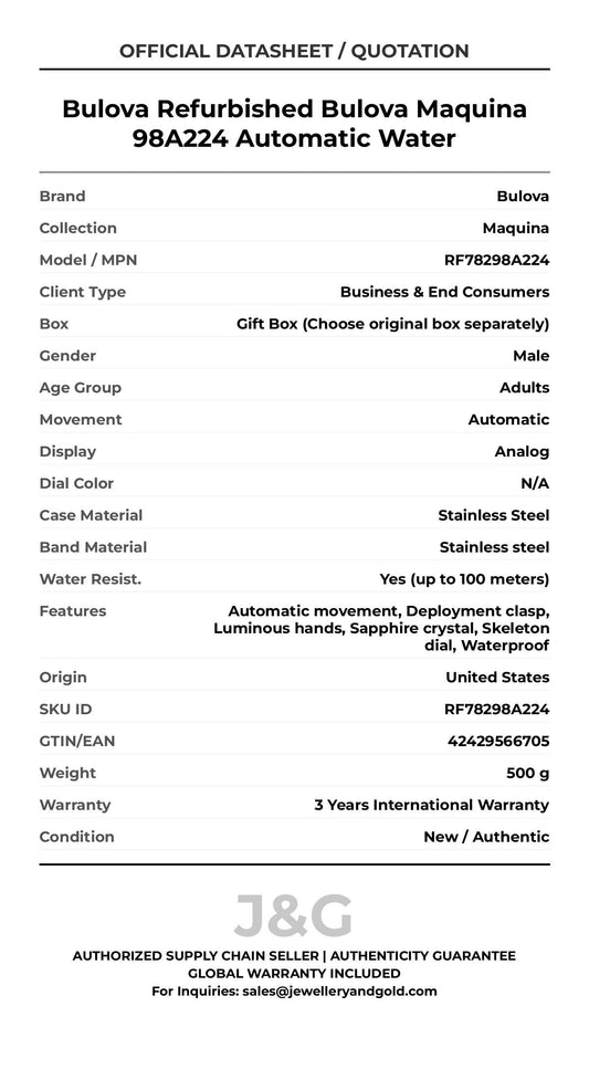 Bulova Refurbished Bulova Maquina 98A224 Automatic Water. A brand-new Bulova Maquina watch featuring a N/A dial and a Stainless steel strap. Side view. - MAIN_PH