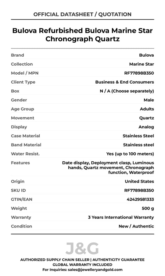Bulova Refurbished Bulova Marine Star Chronograph Quartz. A brand-new Bulova Marine Star watch featuring a Stainless steel strap. Side view. - MAIN_PH