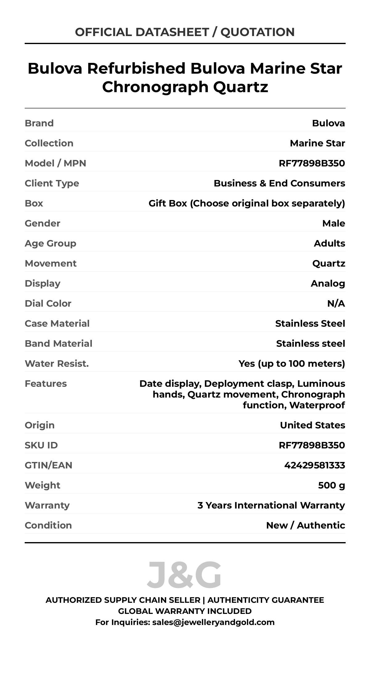 Bulova Refurbished Bulova Marine Star Chronograph Quartz. A brand-new Bulova Marine Star watch featuring a N/A dial and a Stainless steel strap. Angled view. - MAIN_PH