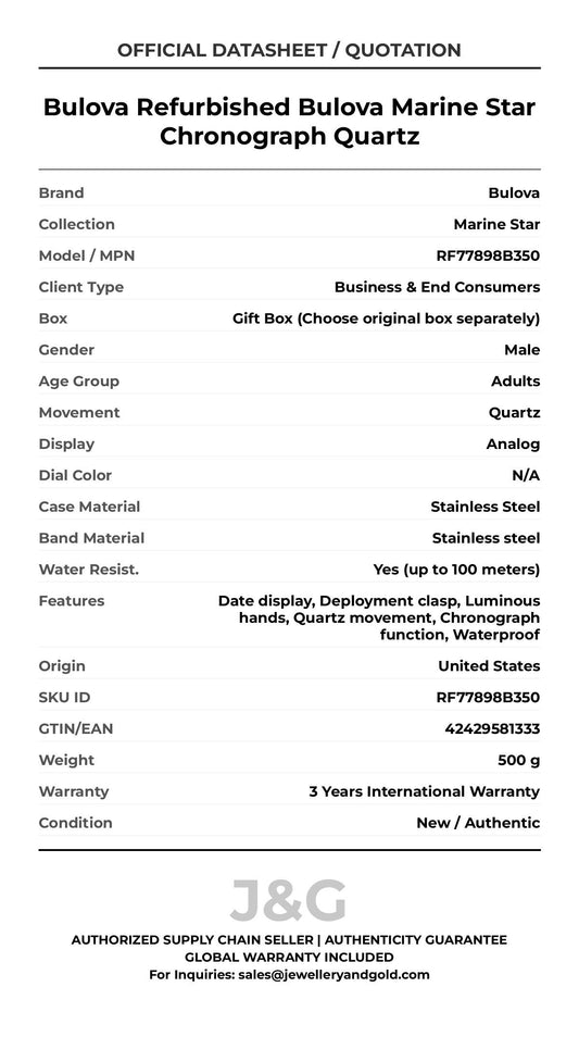 Bulova Refurbished Bulova Marine Star Chronograph Quartz. A brand-new Bulova Marine Star watch featuring a N/A dial and a Stainless steel strap. Angled view. - MAIN_PH