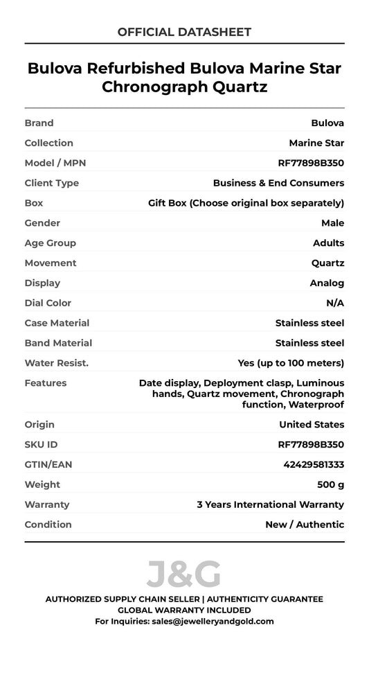 Bulova Refurbished Bulova Marine Star Chronograph Quartz. A brand-new Bulova Marine Star watch featuring a N/A dial and a Stainless steel strap. Side view. - MAIN_PH