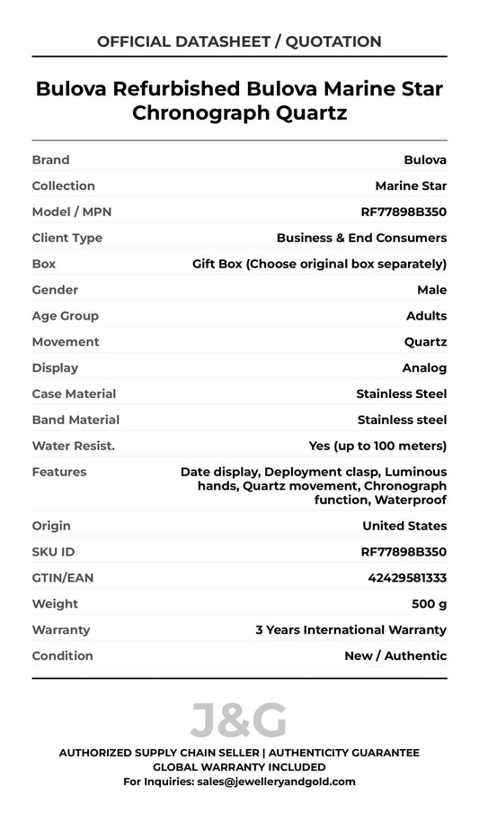 Bulova Refurbished Bulova Marine Star Chronograph Quartz. A brand-new Bulova Marine Star watch featuring a Stainless steel strap. Angled view. - MAIN_PH