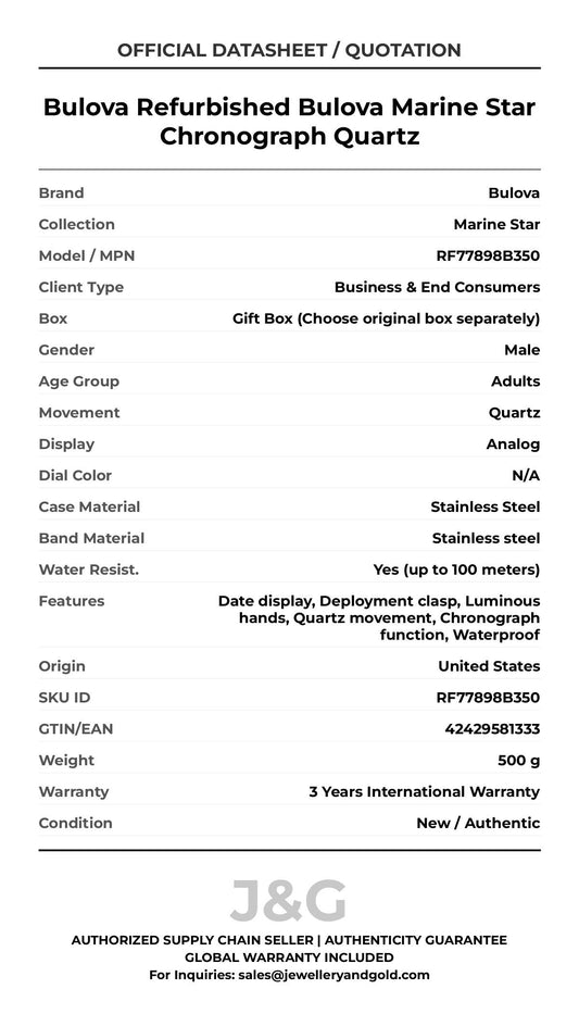 Bulova Refurbished Bulova Marine Star Chronograph Quartz. A brand-new Bulova Marine Star watch featuring a N/A dial and a Stainless steel strap. Side view. - MAIN_PH
