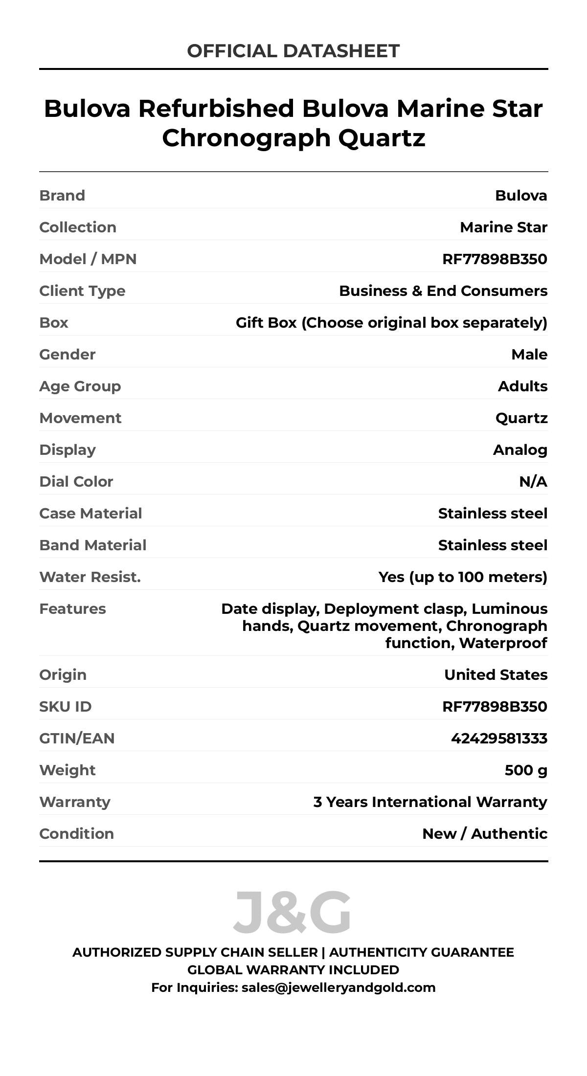 Bulova Refurbished Bulova Marine Star Chronograph Quartz. A brand-new Bulova Marine Star watch featuring a N/A dial and a Stainless steel strap. Side view. - MAIN_PH