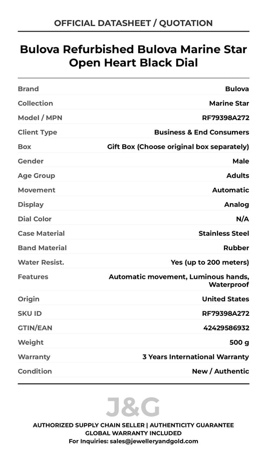 Bulova Refurbished Bulova Marine Star Open Heart Black Dial. A brand-new Bulova Marine Star watch featuring a N/A dial and a Rubber strap. Front view. - MAIN_PH