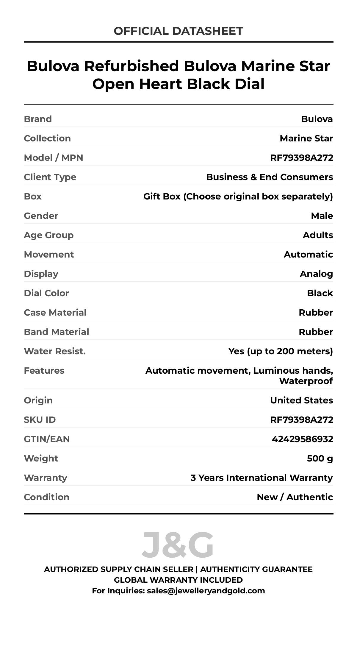 Bulova Refurbished Bulova Marine Star Open Heart Black Dial. A brand-new Bulova Marine Star watch featuring a Black dial and a Rubber strap. Angled view. - MAIN_PH