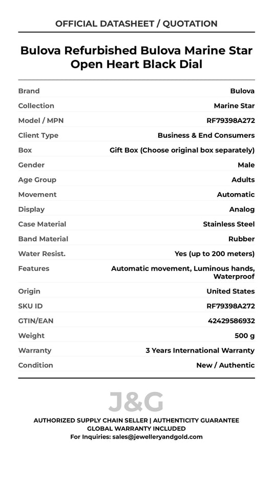Bulova Refurbished Bulova Marine Star Open Heart Black Dial. A brand-new Bulova Marine Star watch featuring a Rubber strap. Angled view. - MAIN_PH