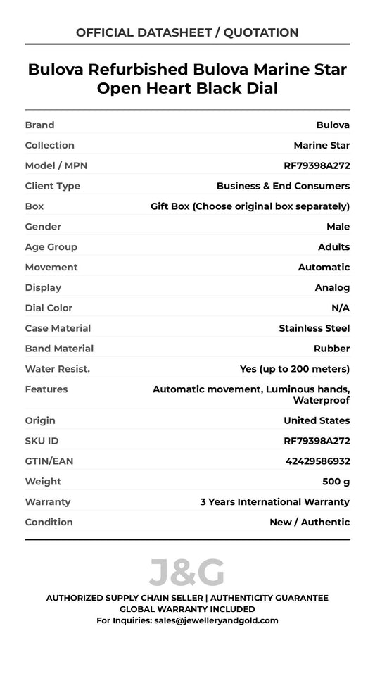 Bulova Refurbished Bulova Marine Star Open Heart Black Dial. A brand-new Bulova Marine Star watch featuring a N/A dial and a Rubber strap. Side view. - MAIN_PH