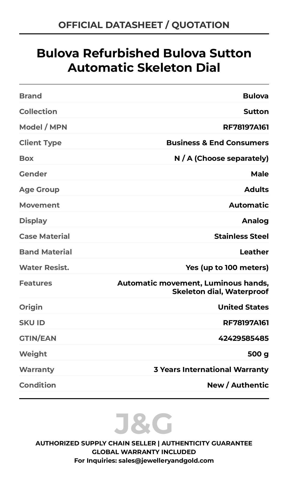Bulova Refurbished Bulova Sutton Automatic Skeleton Dial. A brand-new Bulova Sutton watch featuring a Leather strap. Side view. - DS_FINAL