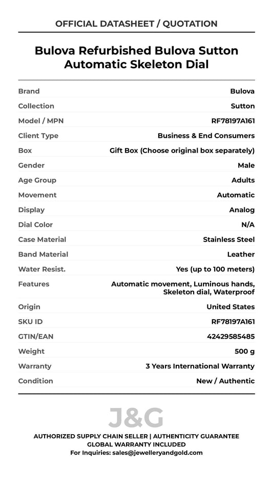 Bulova Refurbished Bulova Sutton Automatic Skeleton Dial. A brand-new Bulova Sutton watch featuring a N/A dial and a Leather strap. Front view. - MAIN_PH
