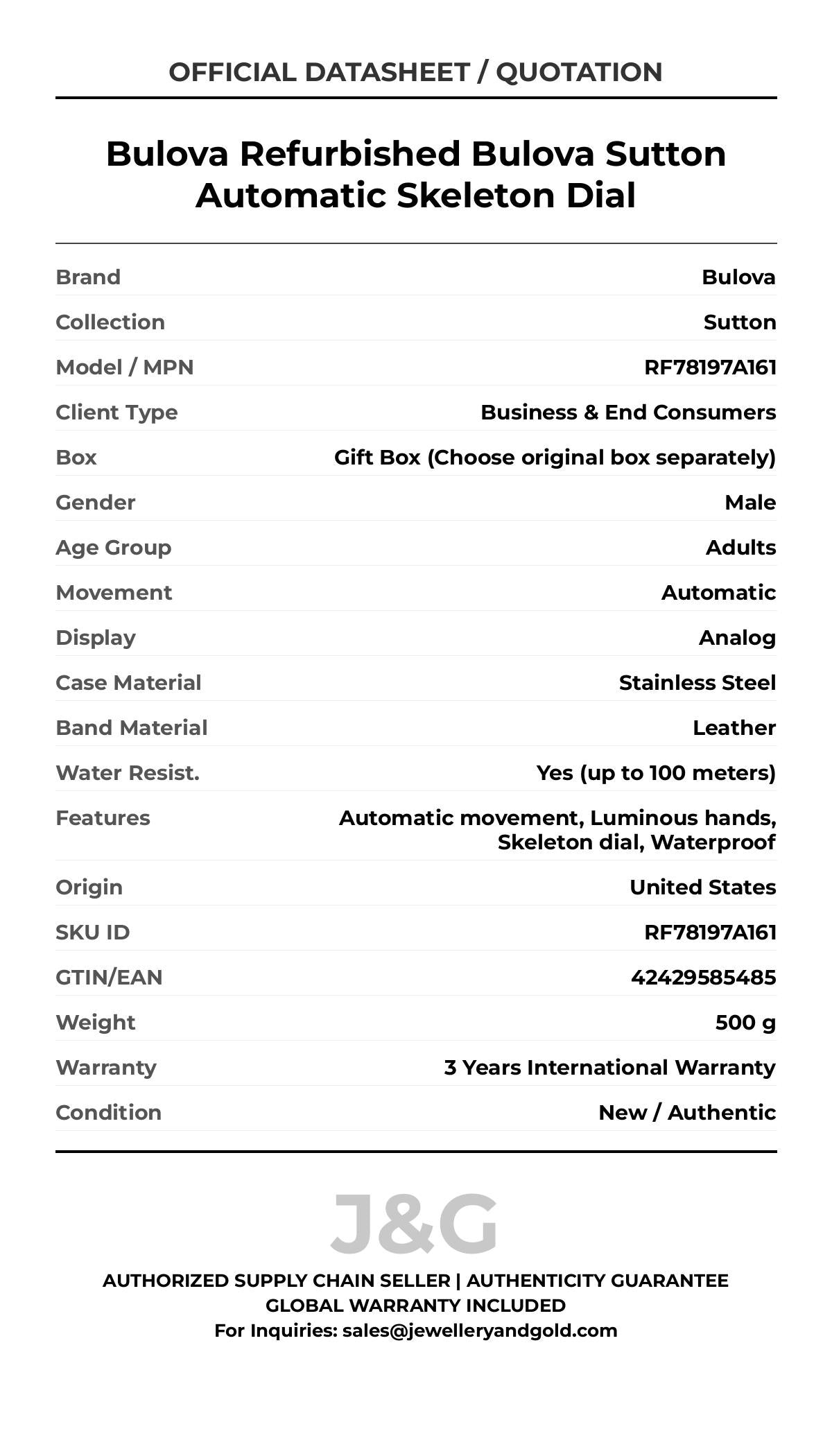 Bulova Refurbished Bulova Sutton Automatic Skeleton Dial. A brand-new Bulova Sutton watch featuring a Leather strap. Angled view. - MAIN_PH