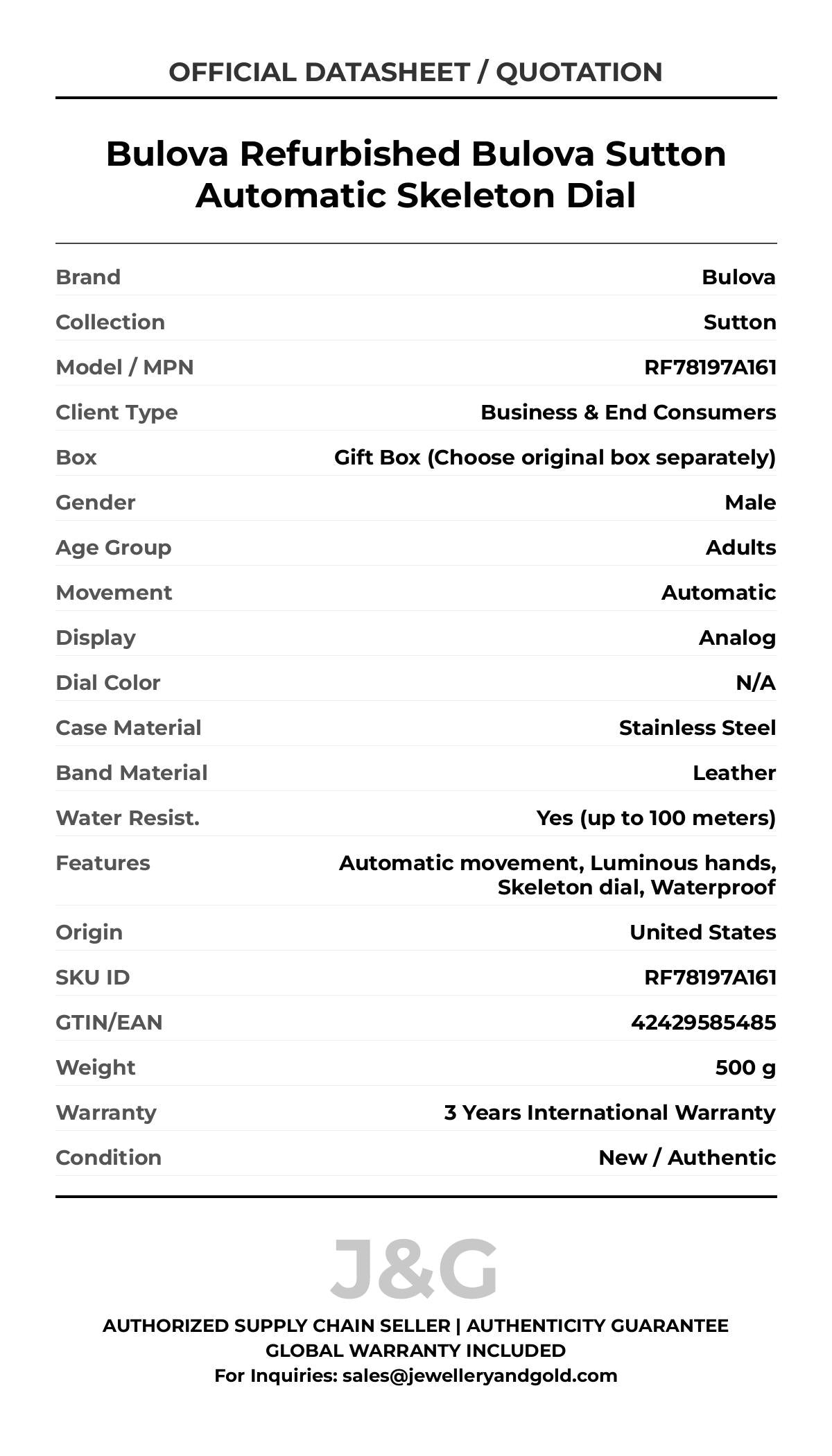 Bulova Refurbished Bulova Sutton Automatic Skeleton Dial. A brand-new Bulova Sutton watch featuring a N/A dial and a Leather strap. Angled view. - MAIN_PH