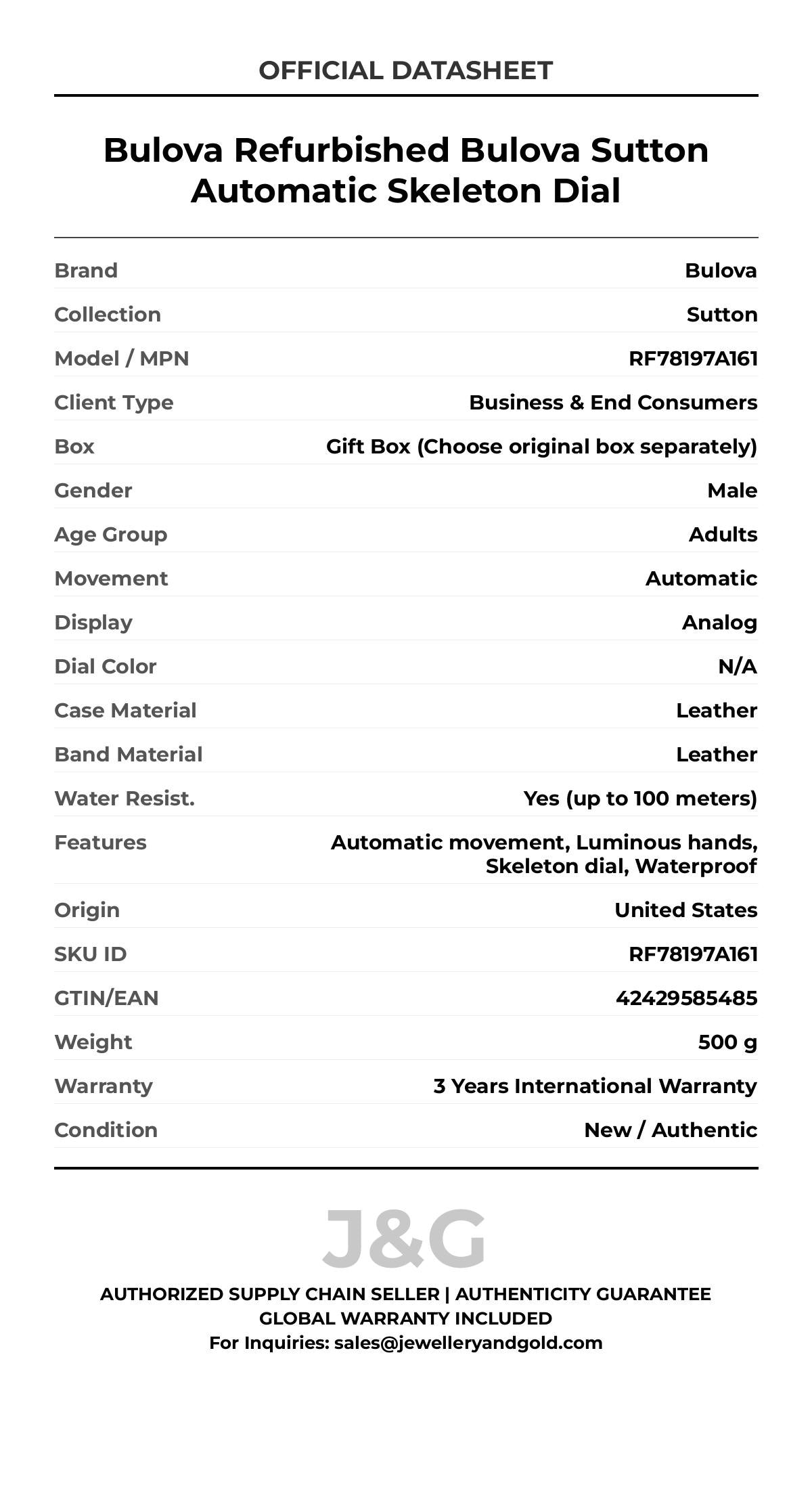 Bulova Refurbished Bulova Sutton Automatic Skeleton Dial. A brand-new Bulova Sutton watch featuring a N/A dial and a Leather strap. Front view. - MAIN_PH