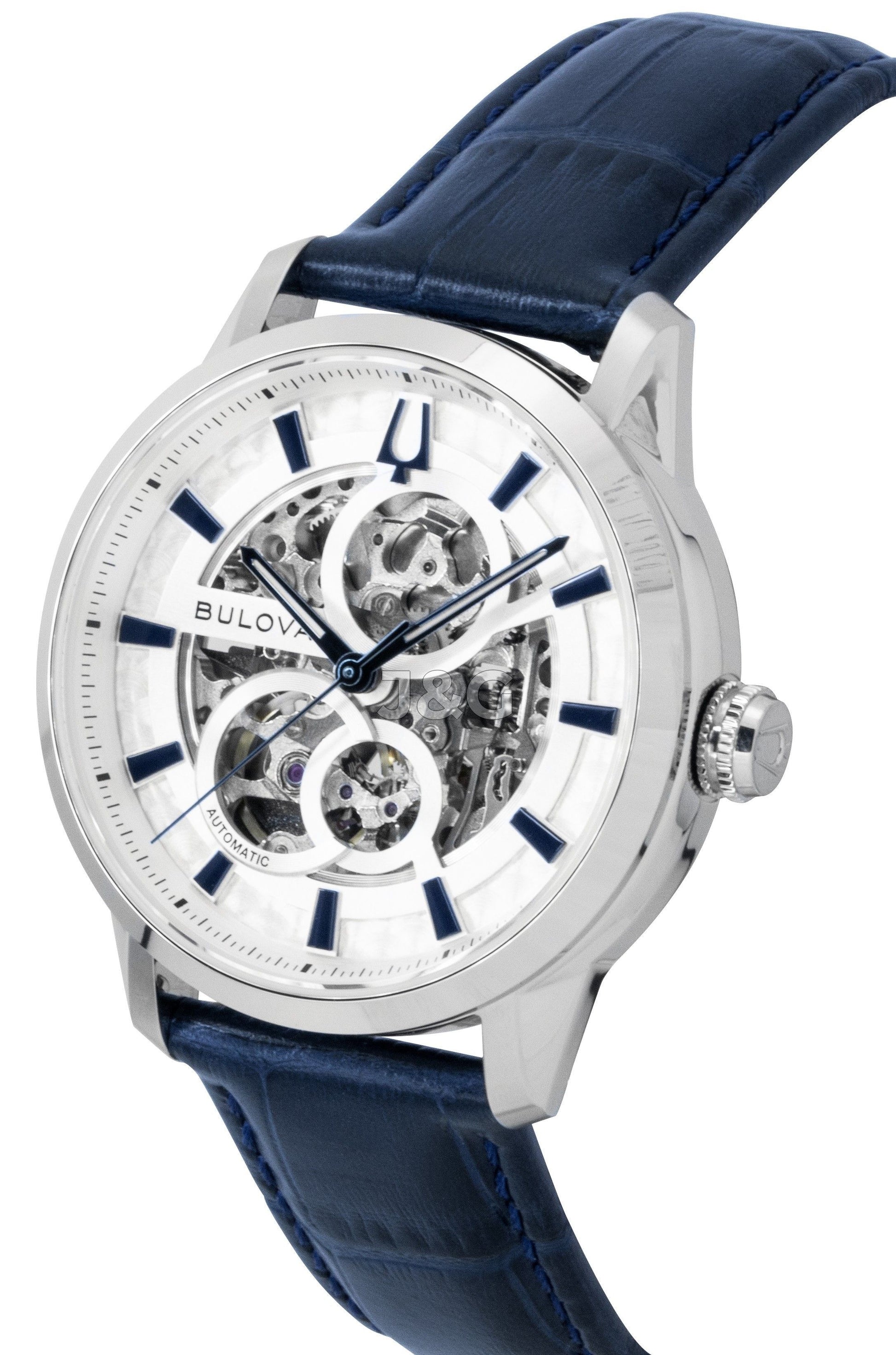 Bulova Sutton Automatic movement Blue Leather Male 96A330. A brand-new Bulova Sutton watch featuring a Blue dial and a Leather strap. Side view. - view 3