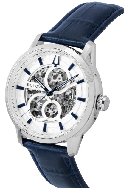 Bulova Sutton Automatic movement Blue Leather Male 96A330. A brand-new Bulova Sutton watch featuring a Blue dial and a Leather strap. Side view. - view 3